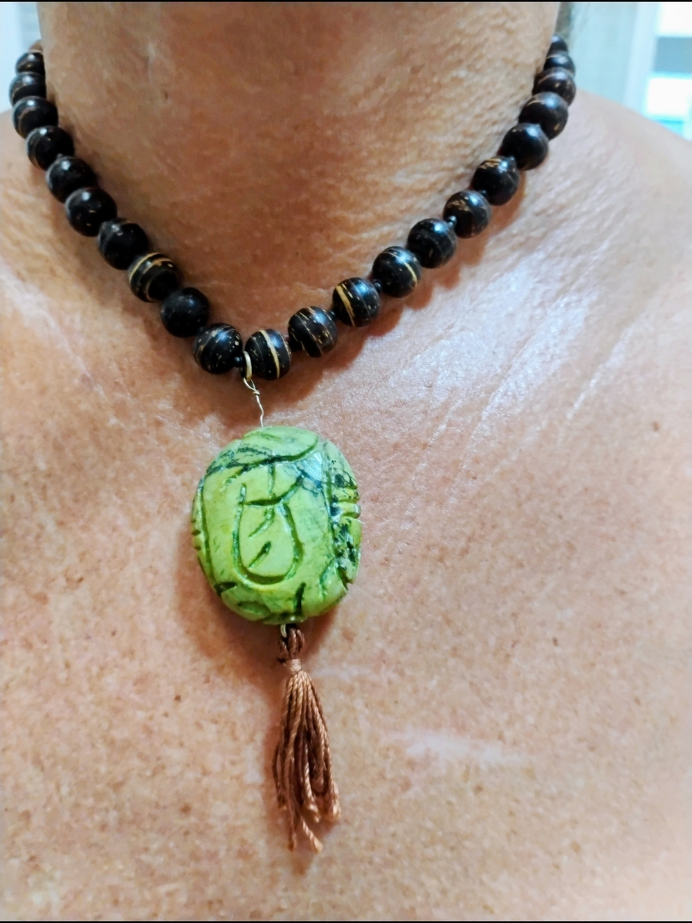 Handmade Green Scarab Pendant Necklace with Dark Wood Beads